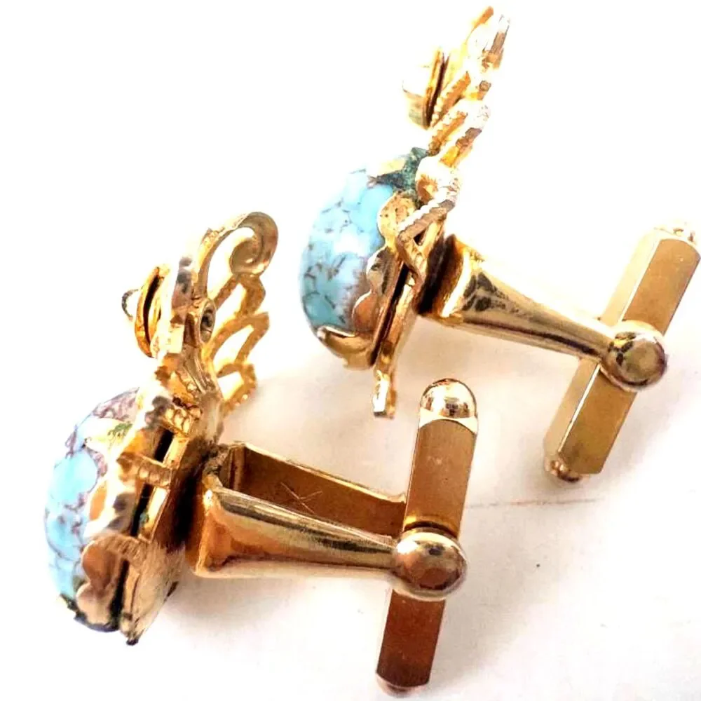 Vintage Cufflinks Beetles Bugs Turquoise Cabochon Inlay Gold Tone Insects